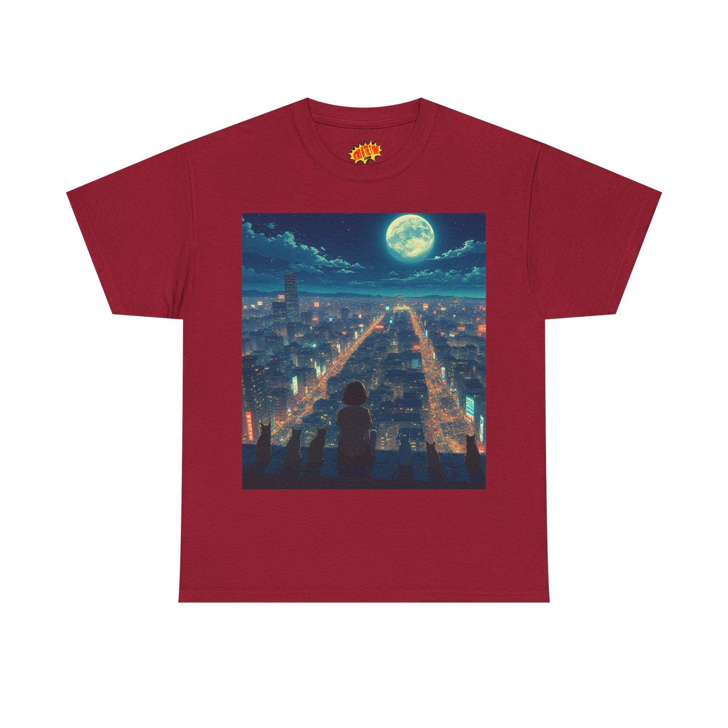 Anime City Full Moon Scene w/Girl & Cats T-Shirt *Multiple Colors*