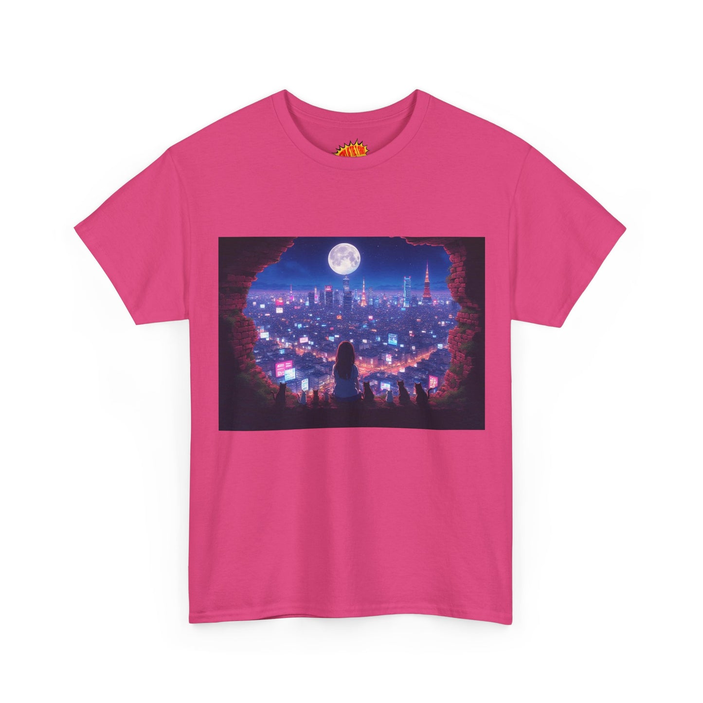 Neon Anime City Night Scene w/Girl & Cats T-Shirt *Multiple Colors*
