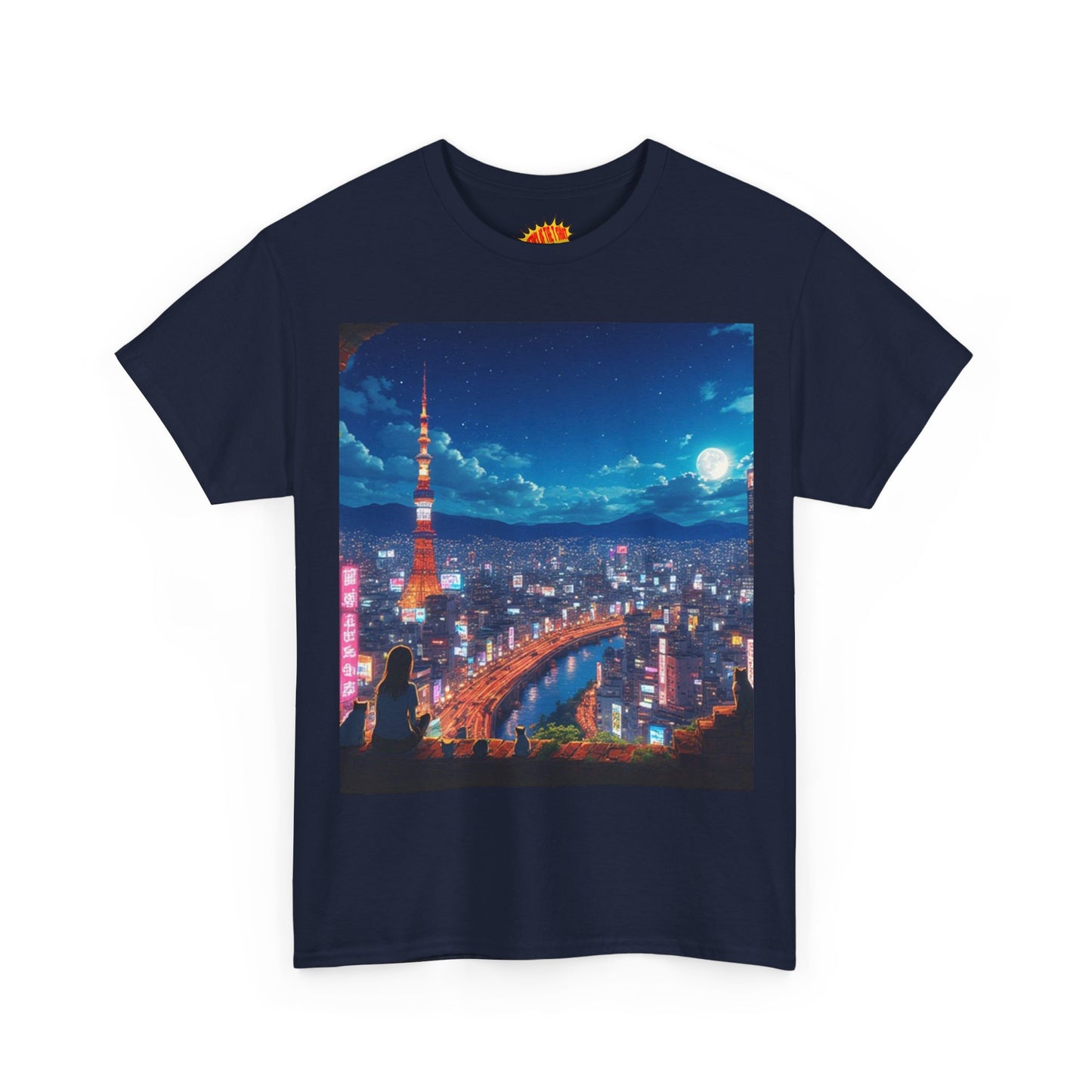 Neon Cityscape Nighttime Anime Scene w/Girl & Cats T-Shirt *Multiple Colors*