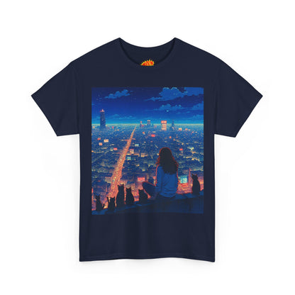 Anime Cityscape Night Sky Scene w/Girl & Cats T-Shirt