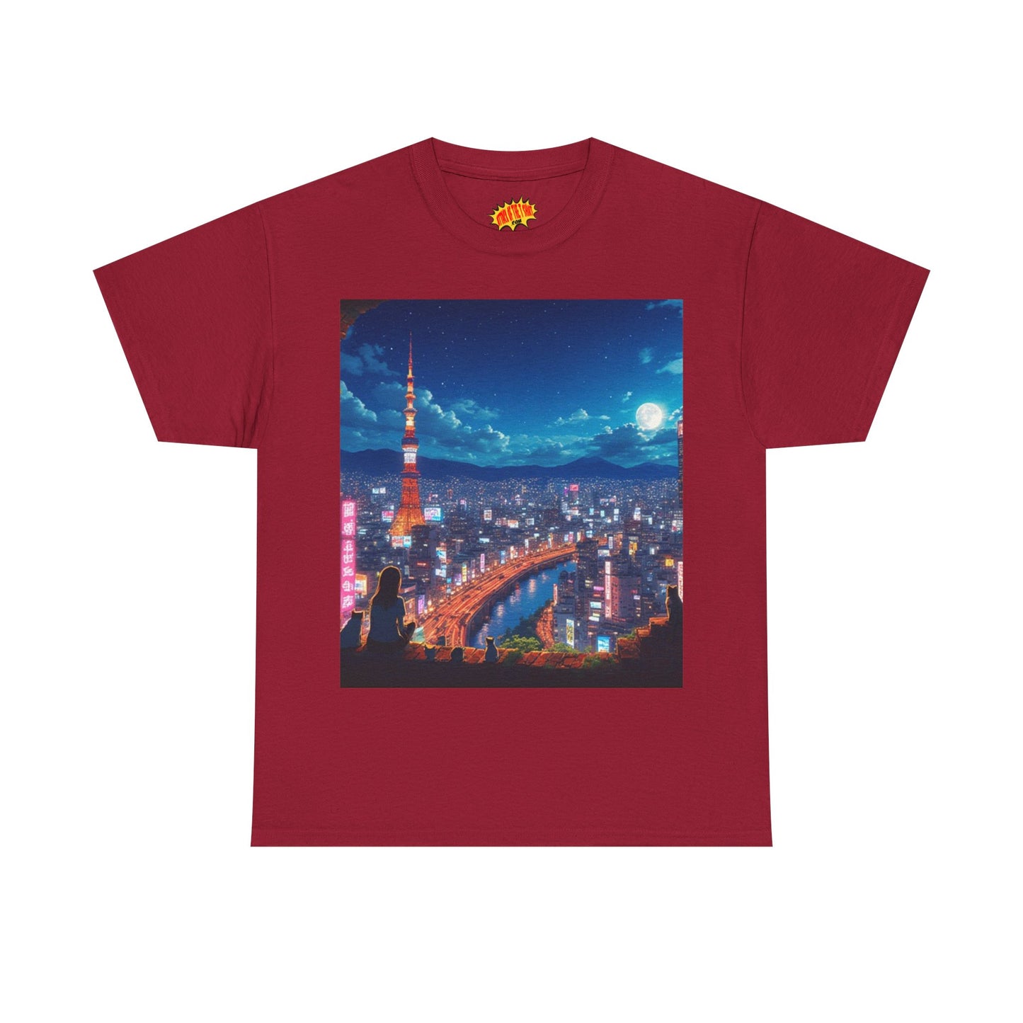 Neon Cityscape Nighttime Anime Scene w/Girl & Cats T-Shirt *Multiple Colors*