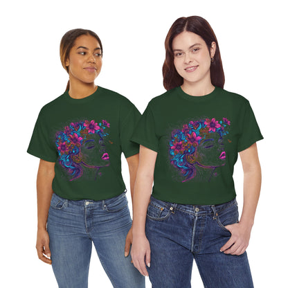 Multicolor Line Drawing Human Flower Graphic Art Tee Shirt