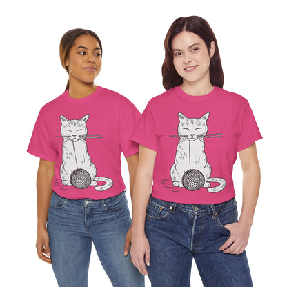 White Cat w/Yarn Ball Art Drawing Tee Shirt