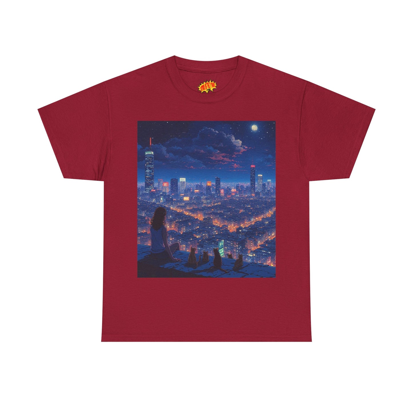 Neon Anime Cityscape Scene w/Girl & Cats T-Shirt *Multiple Colors*