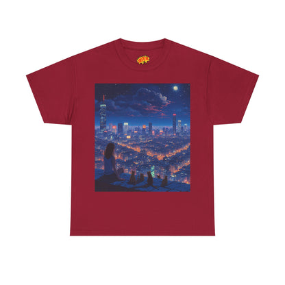 Neon Anime Cityscape Scene w/Girl & Cats T-Shirt