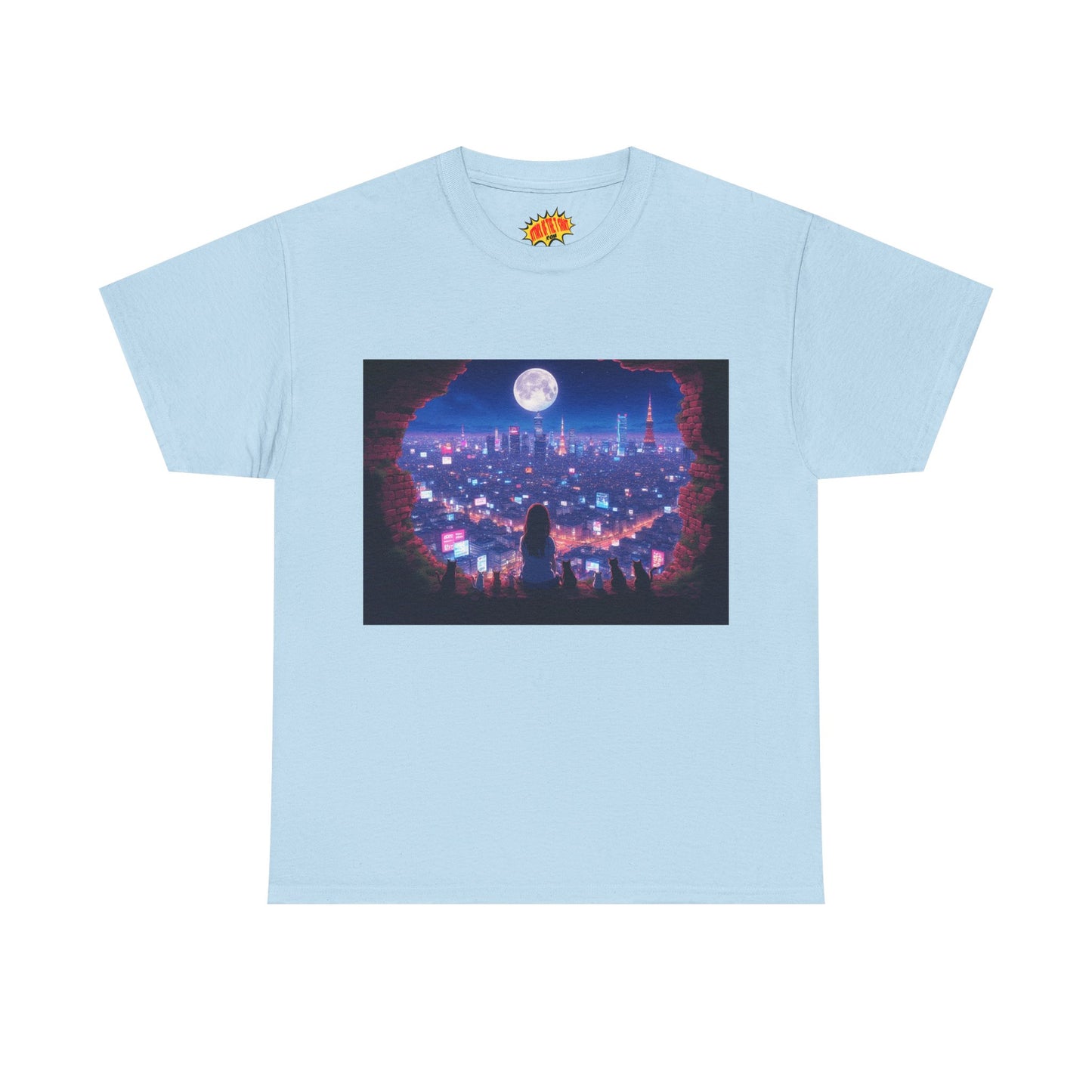 Neon Anime City Night Scene w/Girl & Cats T-Shirt *Multiple Colors*