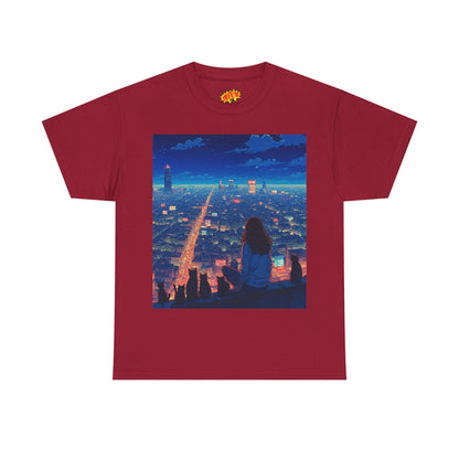 Anime Cityscape Night Sky Scene w/Girl & Cats T-Shirt