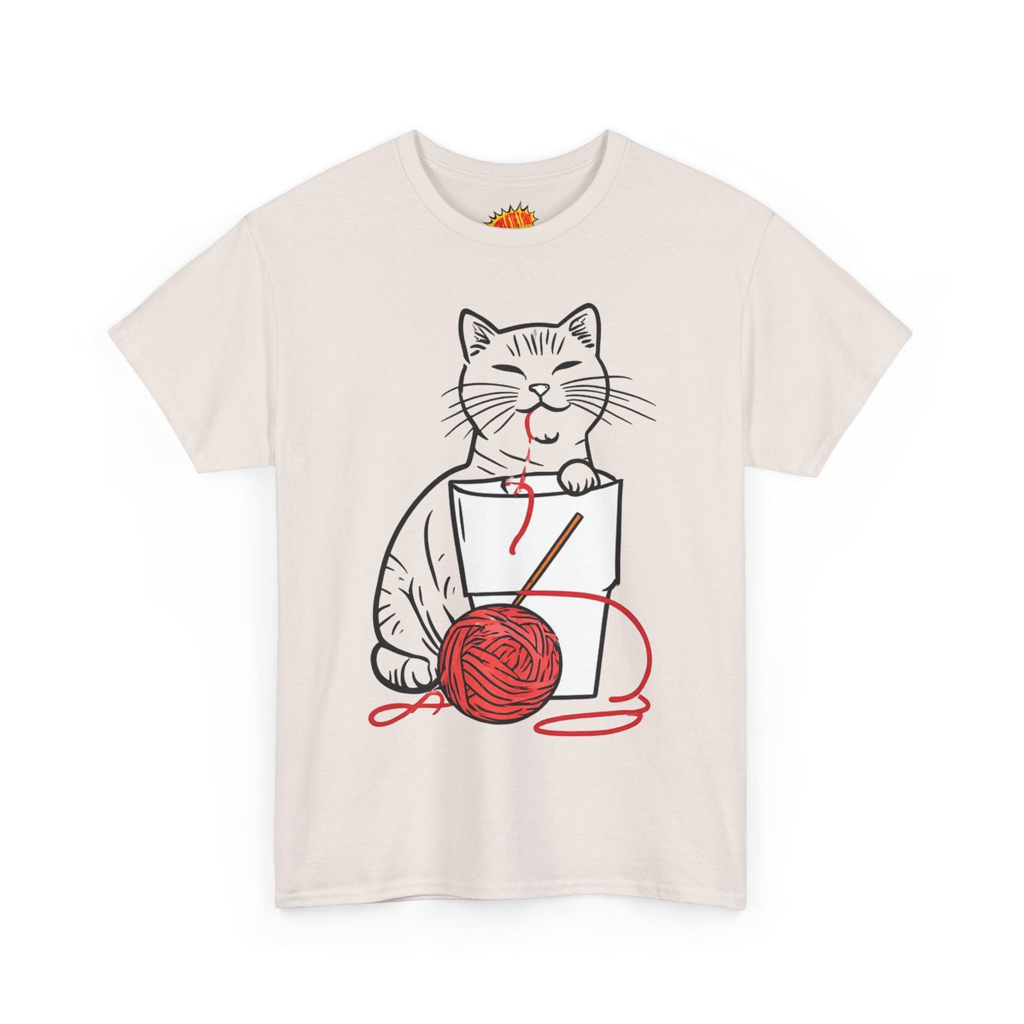 Cat w/Noodle Cup + Yarn Ball Art Drawing Tee Shirt *Multiple Colors*