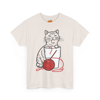 Cat w/Noodle Cup + Yarn Ball Art Drawing Tee Shirt