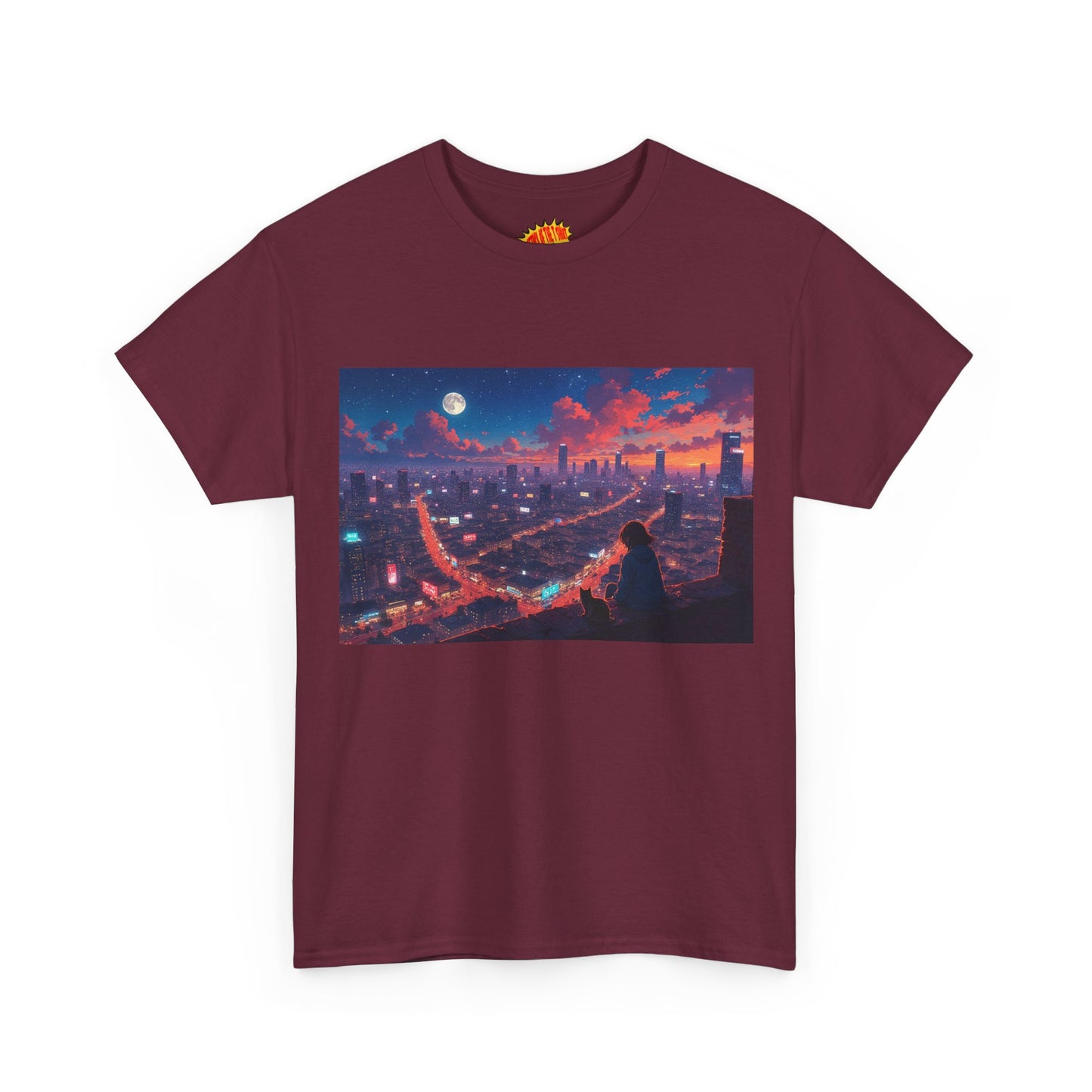 Anime City Neon Night Sky Scene w/Girl & Cats T-Shirt *Multiple Colors*