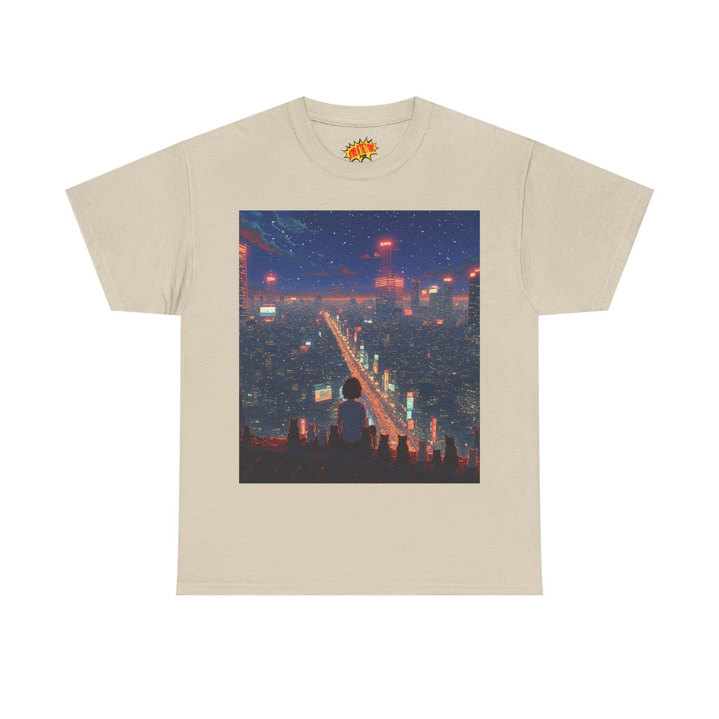 Nighttime Neon Anime City Scene w/Girl & Cats T-Shirt *Multiple Colors*