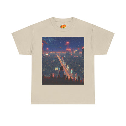 Nighttime Neon Anime City Scene w/Girl & Cats T-Shirt