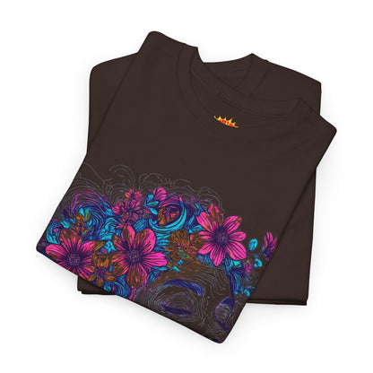 Multicolor Line Drawing Human Flower Graphic Art Tee Shirt