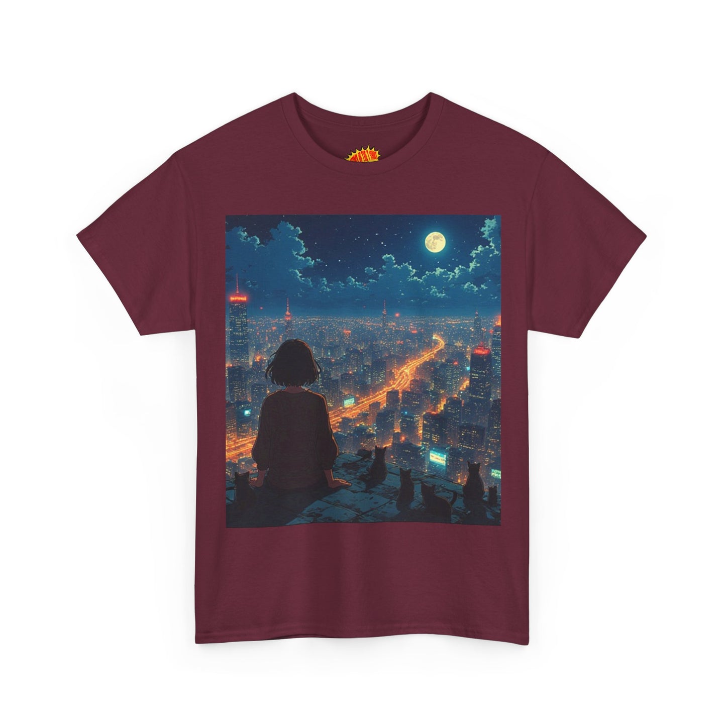 Neon City Anime Night Scene w/Girl & Cats T-Shirt *Multiple Colors*