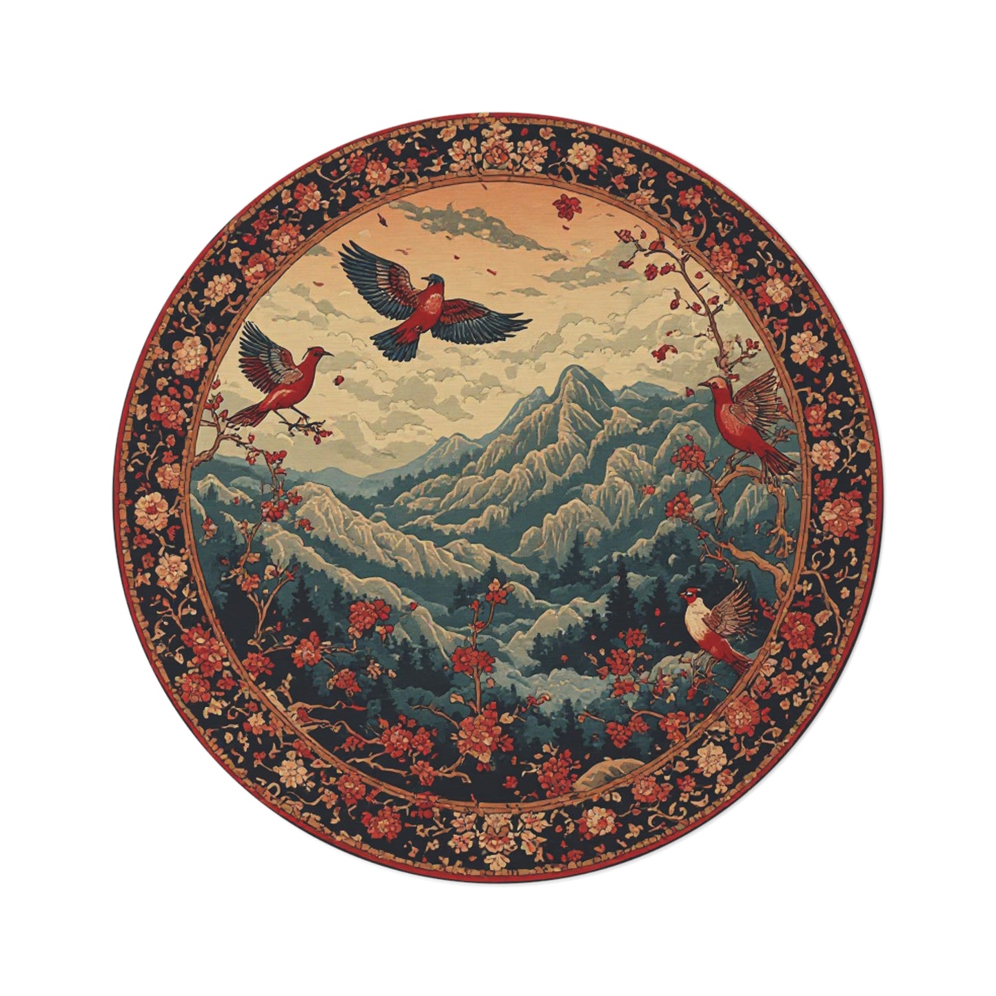 Oriental Style Rug w/Birds + Flowers - 60in Diameter Round Carpet 5