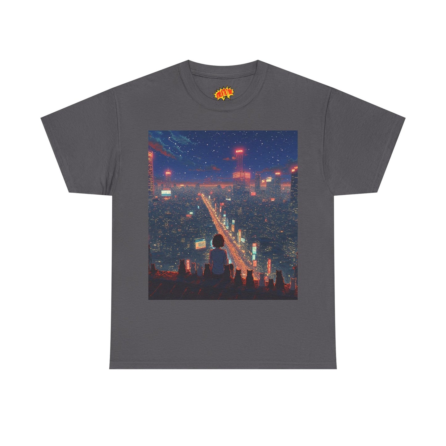 Nighttime Neon Anime City Scene w/Girl & Cats T-Shirt *Multiple Colors*