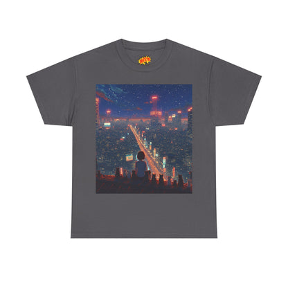 Nighttime Neon Anime City Scene w/Girl & Cats T-Shirt