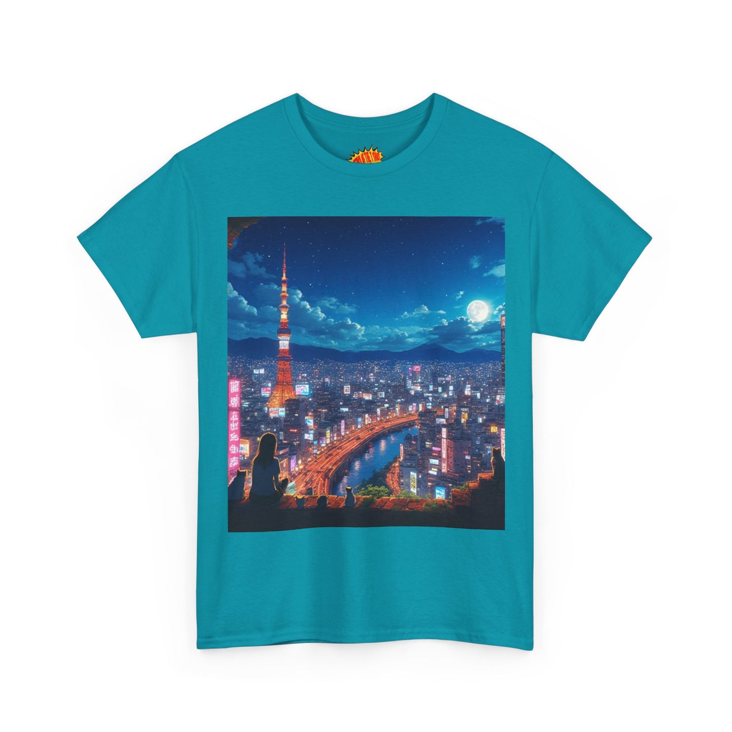 Neon Cityscape Nighttime Anime Scene w/Girl & Cats T-Shirt *Multiple Colors*