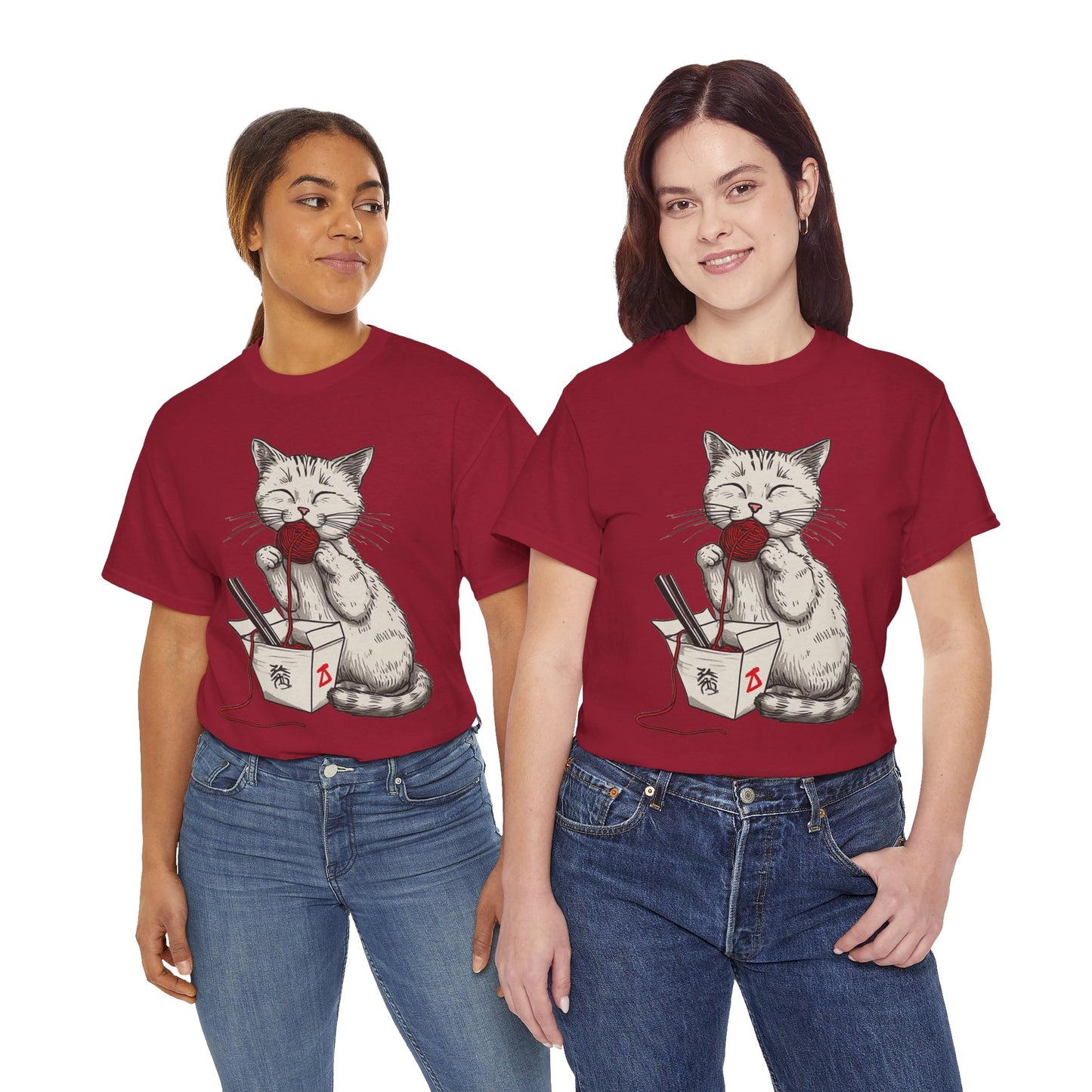 Cat w/Takeout Yarn Noodles Art Tee Shirt *Multiple Colors*