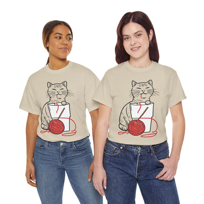 Cat w/Noodle Cup + Yarn Ball Art Drawing Tee Shirt