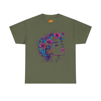 Multicolor Line Drawing Human Flower Graphic Art Tee Shirt