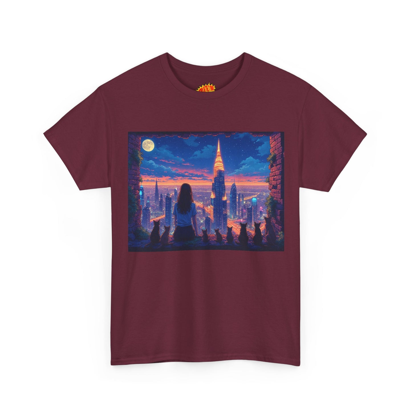 Anime Neon City Full Moon Scene w/Girl & Cats T-Shirt *Multiple Colors*