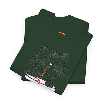 Cat w/Noodle Cup + Yarn Ball Art Drawing Tee Shirt