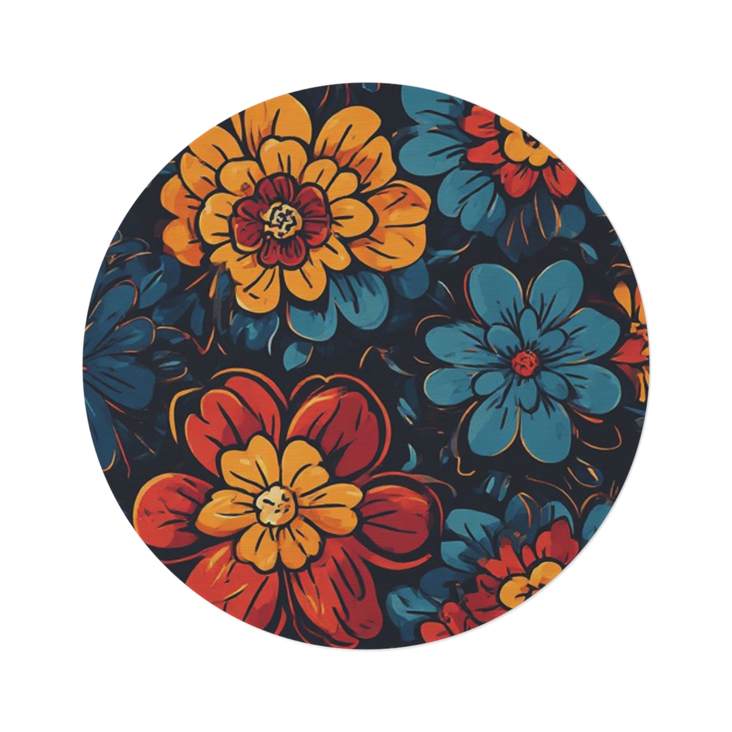 Retro Flower Pattern 70's Style Area Rug - 60in Diameter Round Rug