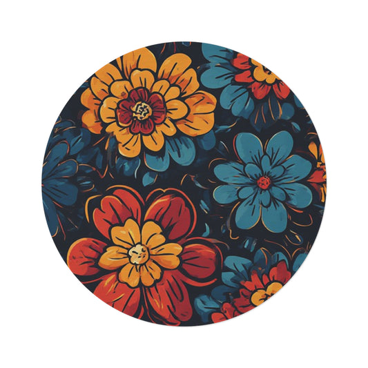 Retro Flower Pattern 70's Style Area Rug - 60in Diameter Round Rug