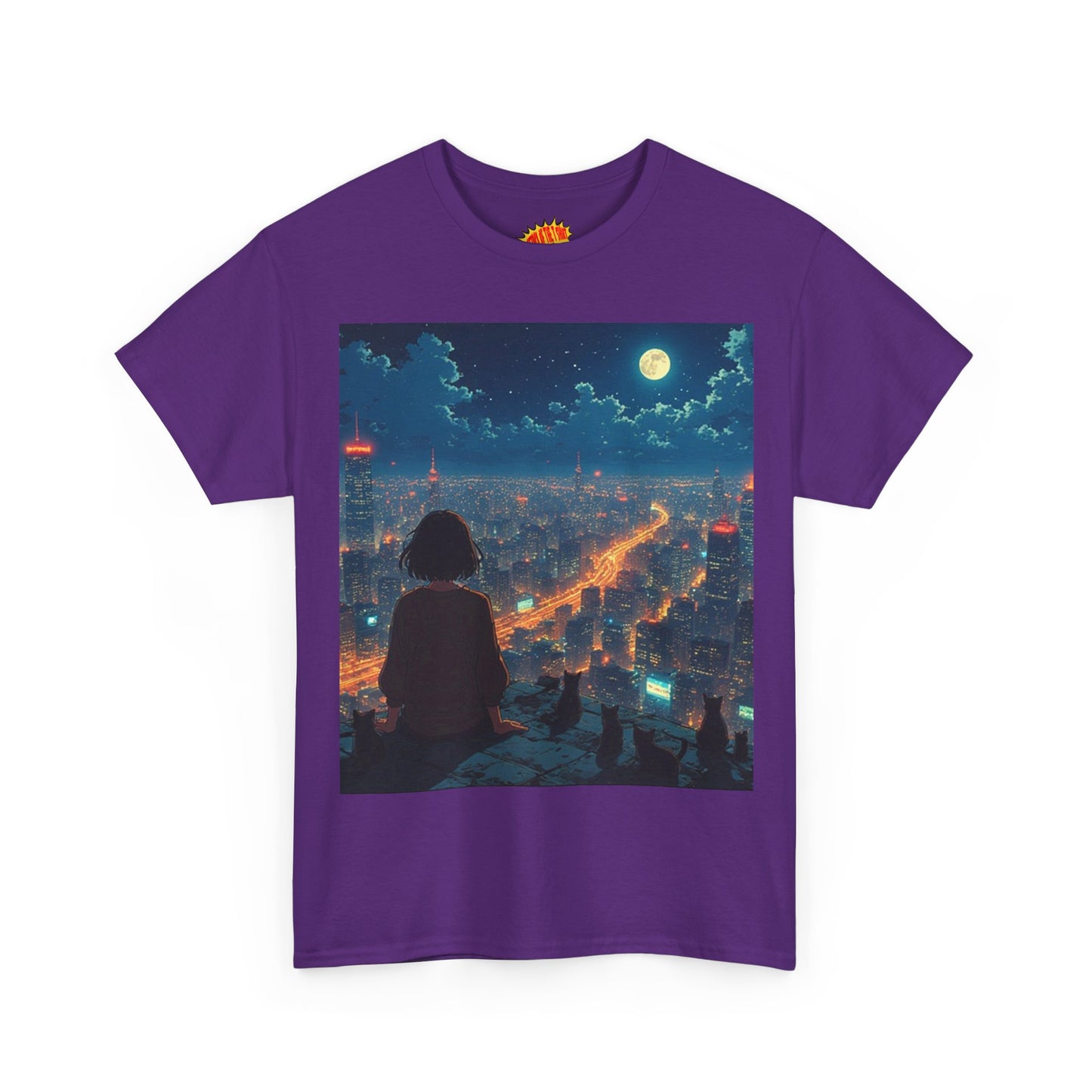 Neon City Anime Night Scene w/Girl & Cats T-Shirt *Multiple Colors*
