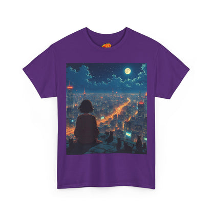Neon City Anime Night Scene w/Girl & Cats T-Shirt