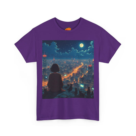 Neon City Anime Night Scene w/Girl & Cats T-Shirt *Multiple Colors*