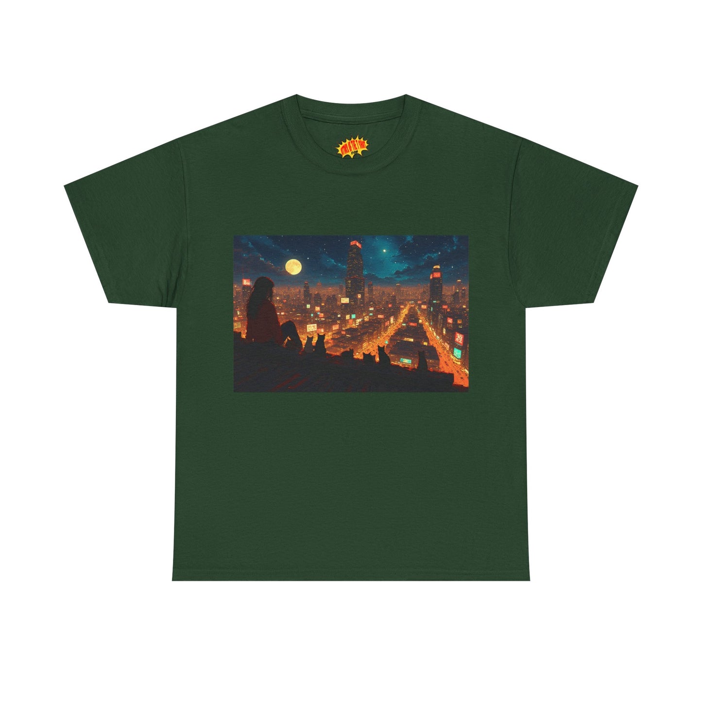 Anime Style Neon City Scene w/Girl & Cats T-Shirt *Multiple Colors*