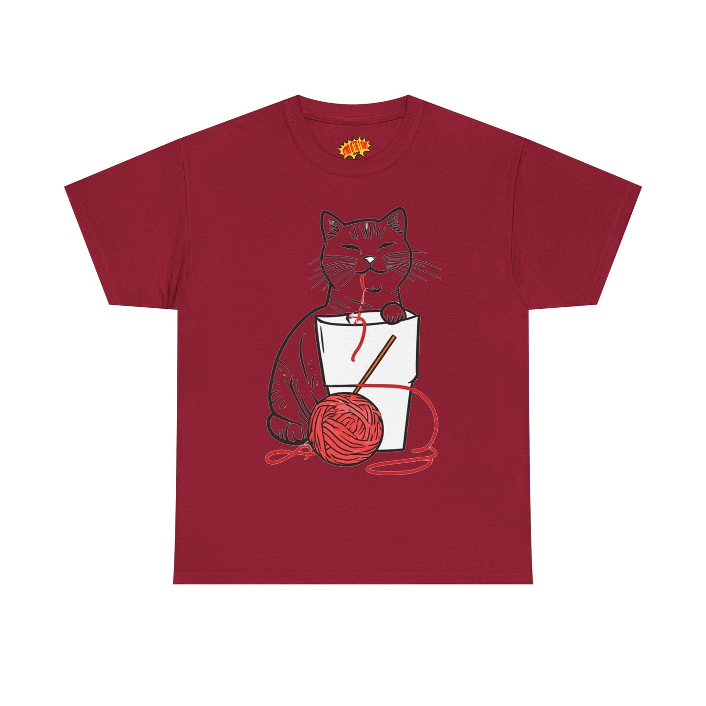 Cat w/Noodle Cup + Yarn Ball Art Drawing Tee Shirt *Multiple Colors*