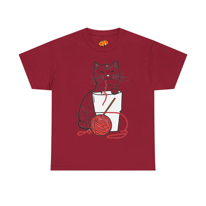 Cat w/Noodle Cup + Yarn Ball Art Drawing Tee Shirt