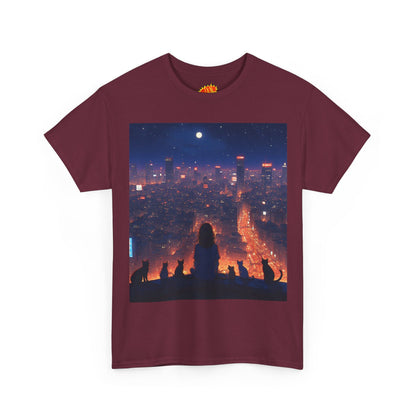 Neon City Anime Nighttime Scene w/Girl & Cats T-Shirt