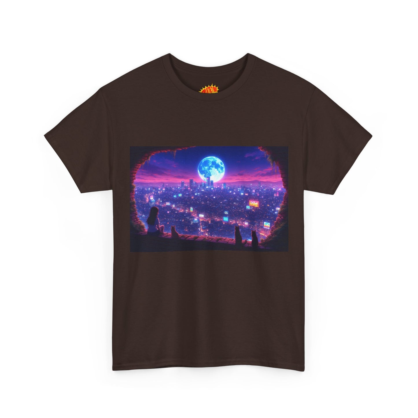Neon Anime Cityscape Full Moon Scene w/Girl & Cats T-Shirt *Multiple Colors*