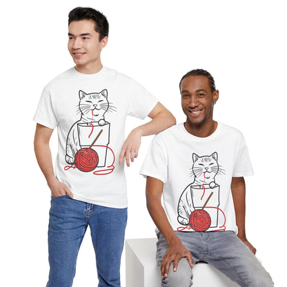 Cat w/Noodle Cup + Yarn Ball Art Drawing Tee Shirt