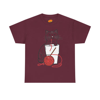 Cat w/Noodle Cup + Yarn Ball Art Drawing Tee Shirt