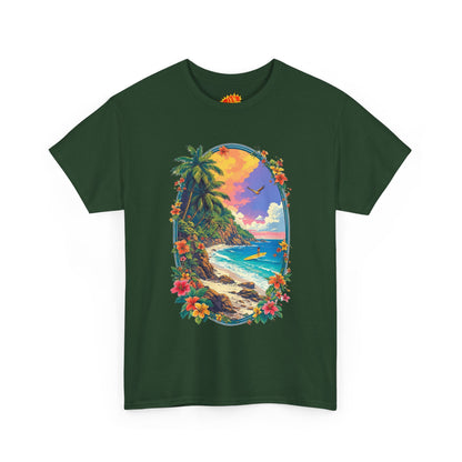 Tropical Beach Scene w/Oval Floral Frame T-Shirt