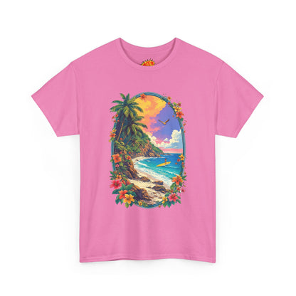 Tropical Beach Scene w/Oval Floral Frame T-Shirt