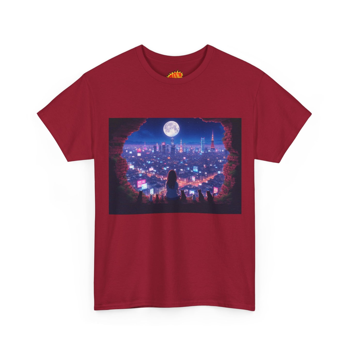 Neon Anime City Night Scene w/Girl & Cats T-Shirt *Multiple Colors*