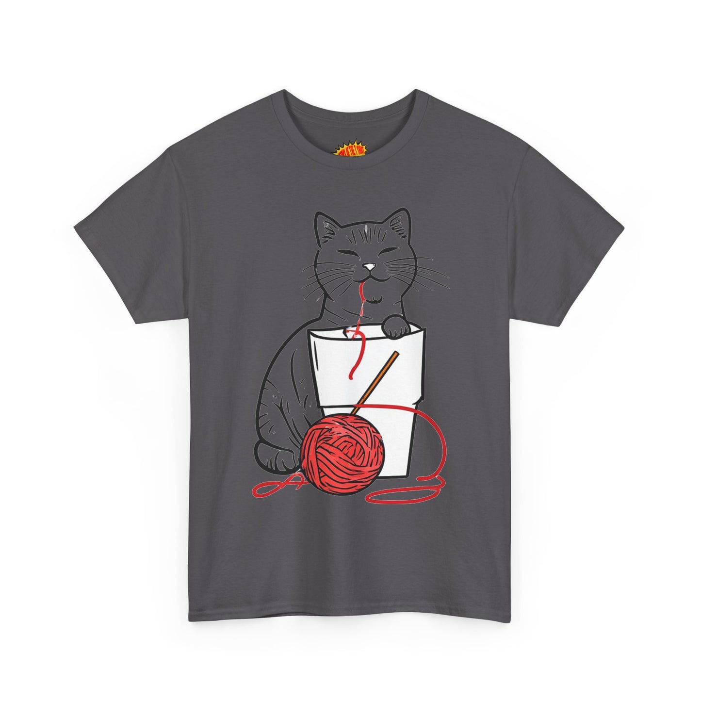 Cat w/Noodle Cup + Yarn Ball Art Drawing Tee Shirt *Multiple Colors*