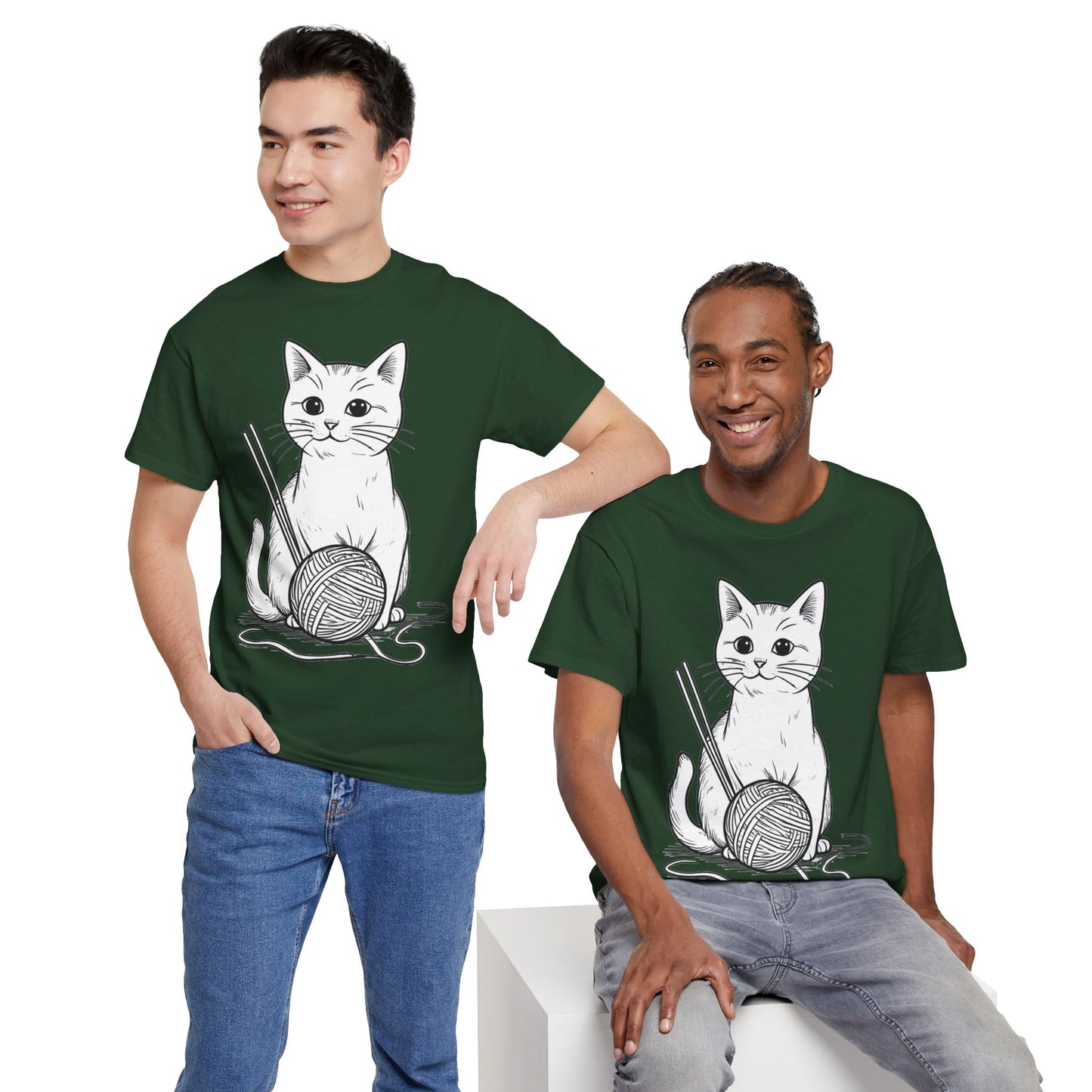White Cat w/Yarn Ball Art Tee Shirt *Multiple Colors*