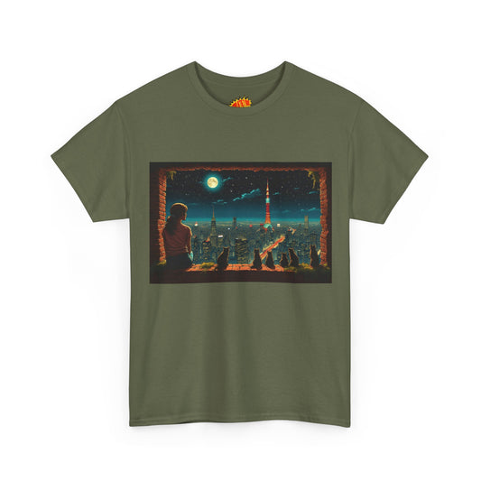 Vintage Anime Style Full Moon Scene w/Girl & Cats T-Shirt *Multiple Colors*