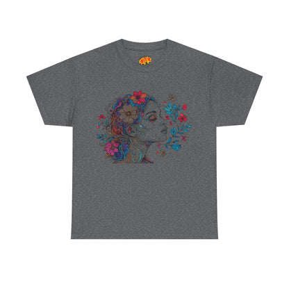 Multicolor Line Drawing Human Graphic Flower Art Tee Shirt
