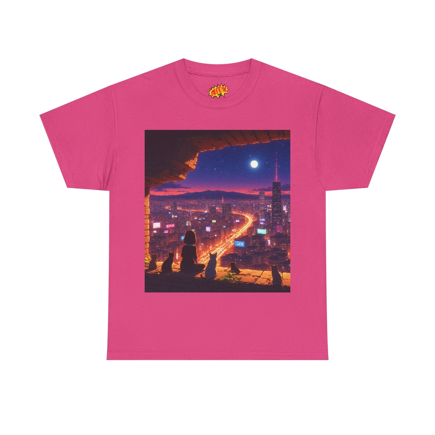 Anime Neon Cityscape Full Moon Scene w/Girl & Cats T-Shirt *Multiple Colors*