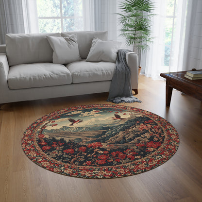 Oriental Style w/Birds + Flowers Rug - 60in Diameter Round Carpet 3