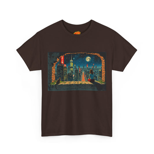 Vintage Anime Brick Cityscape w/Girl & Cat T-Shirt *Multiple Colors*
