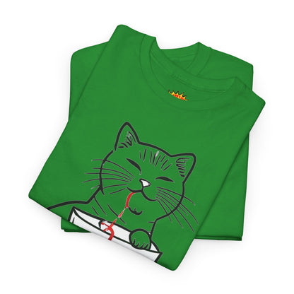 Cat w/Noodle Cup + Yarn Ball Art Drawing Tee Shirt